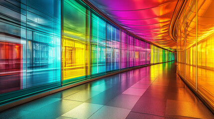 Leinwandbilder - Modern architecture glass corridor with vibrant colors reflecting on floor