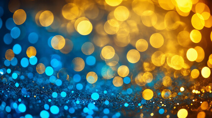 Poster - Abstract blue and gold glitter background with sparkling bokeh lights