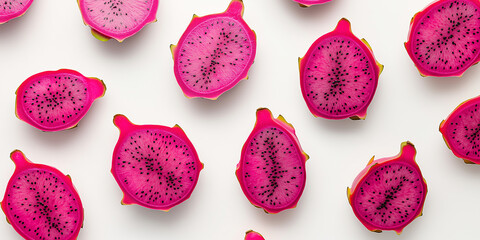 Poster - Dragon fruit slices forming a pattern on white background