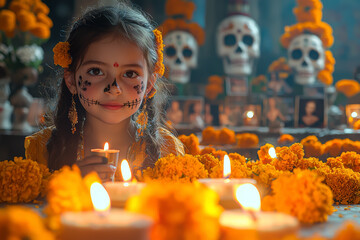 Sticker - A young girl lighting a candle at the base of an altar decorated with marigolds, sugar skulls, and photos of her ancestors.