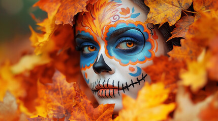 Poster - Woman with sugar skull makeup posing among autumn leaves