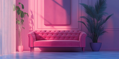 Poster - Classic pink sofa between two potted plants in a pink living room