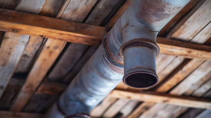 Poster - Old rusty ventilation pipe crossing wooden ceiling