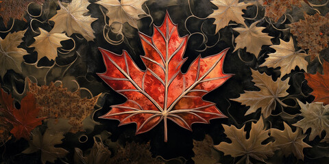 Aufkleber - Red maple leaf shining on dark background with gold leaf decoration