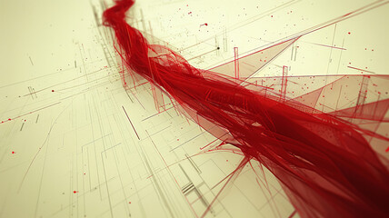 Poster - A vibrant red ribbon weaves through a geometrical grid, creating a dynamic visual contrast against a subtle beige background. The intricate interplay of lines and shapes evokes a sense of movement.