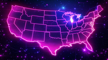 Fototapete - Neon united states of america map glowing on space background
