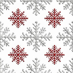 A beautiful array of red and silver snowflakes unfolds across a white fabric background, evoking a cozy winter atmosphere. Perfect for holiday decor or crafting, this design adds a touch of elegance.