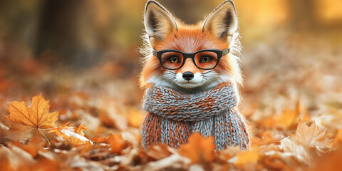 Poster - Fashionable fox is posing in a pile of autumn leaves