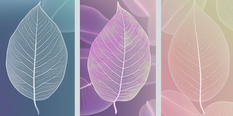 Aufkleber - Set of three minimalist abstract backgrounds with skeleton leaves in pastel colors