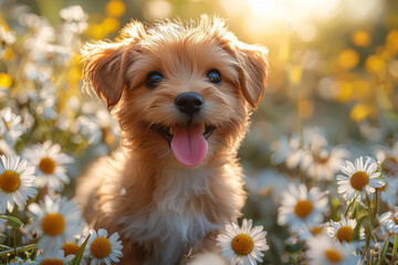 Poster - A puppy with floppy ears running through a field of daisies, its tongue hanging out in pure happiness.