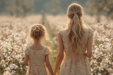 Sticker - A mother and daughter holding hands, walking through a blooming orchard with matching floral dresses.