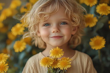 Poster - a little boy with a mischievous smile, holding a bouquet of dandelions, ready to blow the seeds.