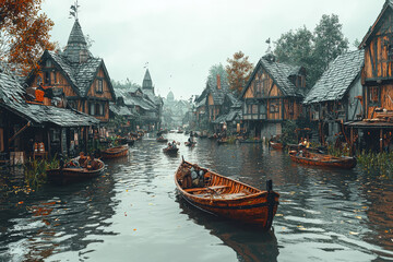 A flooded village with makeshift boats being used to transport people and supplies to safety.