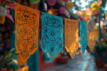 Poster - a detailed close-up of a vibrant papel picado banner with intricate cut-out designs, hanging above a