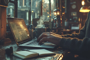 Sticker - A close-up of a person's hands typing on a laptop, with a cup of coffee and notebook on the desk.