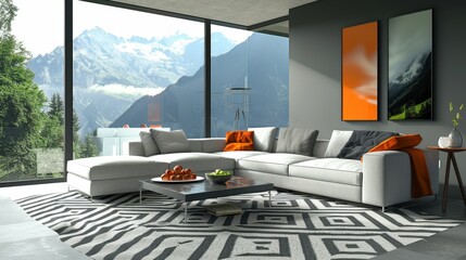 Poster - Modern Living Room with Mountain View and Cozy Decor