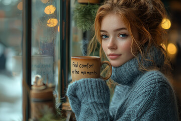 Poster - A woman drinking tea by a window, with 