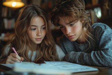 Wall Mural - A teenager helping their sibling with homework, offering encouraging words and a kind smile.