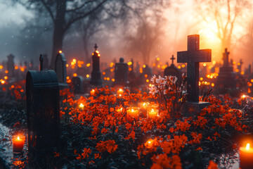 Poster - A European cemetery at twilight, filled with the soft glow of candles and the scent of fresh flowers, as families remember their deceased.