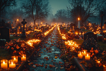 Poster - A cemetery at night, illuminated by the soft glow of hundreds of candles placed by families remembering their loved ones.