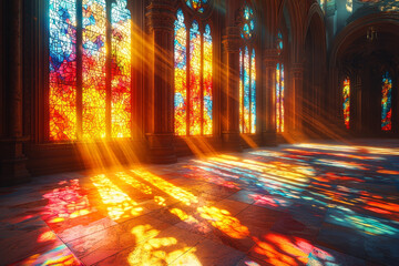 Wall Mural - Sunlight streaming through a stained glass window, painting the room in vibrant colors. Concept of artistry.