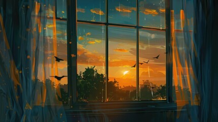 Wall Mural - Sunset View Through a Window with Birds in Flight