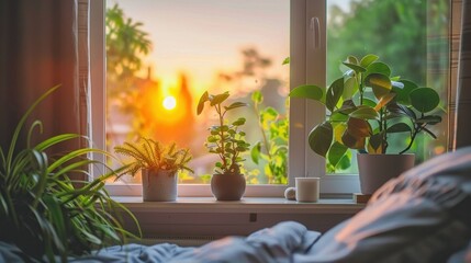 Poster - Cozy Bedroom with Plants and Sunrise View