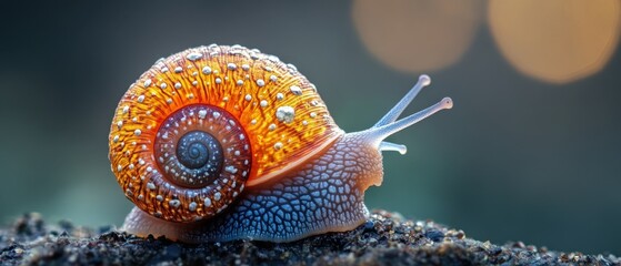 Detailed close up of a vibrant snail on a surface