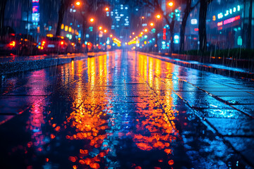 Poster - city lights reflecting on a wet pavement at night, creating a kaleidoscope of colors. concept of urb