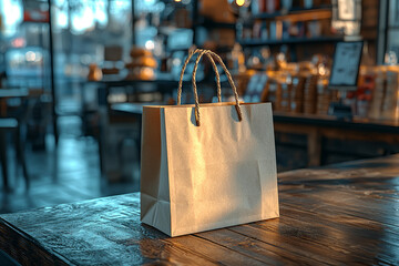 Poster - an empty shopping bag on a store counter, ready for a store logo or design.