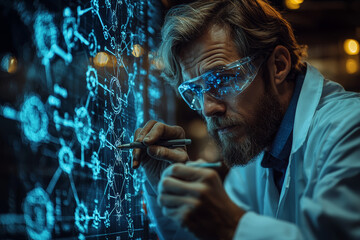 Poster - a scientist drawing molecular structures on a board, working on the next breakthrough. concept of re