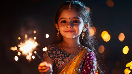 Little girl celebrating diwali playing with sparklers 