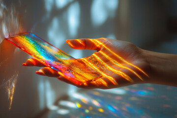 Wall Mural - A person holding a prism, casting a rainbow of colors onto the wall, showcasing the magic of light refraction. Concept of creativity.