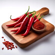 © SaddhaVisual - A bunch of red chilies with some whole and cut chilies placed on a cutting board on a white background