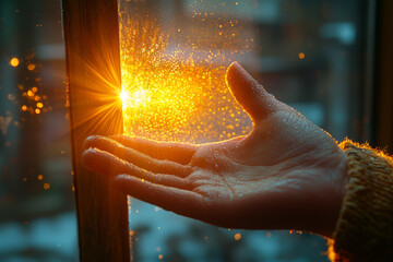 Poster - A hand catching sunlight through a window, with light filtering through the fingers. Concept of connection.