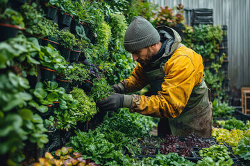 Sticker - A gardener planting a vertical garden in an urban space, transforming unused areas into green spaces. Concept of urban gardening.