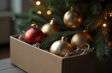 Box with Christmas decorations, Christmas tree toys and ornaments. Christmas tree and balls