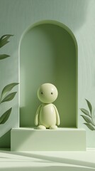Poster - Minimalistic green sculpture on pedestal with leaves, modern art concept