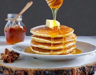 Stack of fluffy pancakes topped with melting butter and drizzled with maple syrup,  breakfast or brunch. on white background cut out