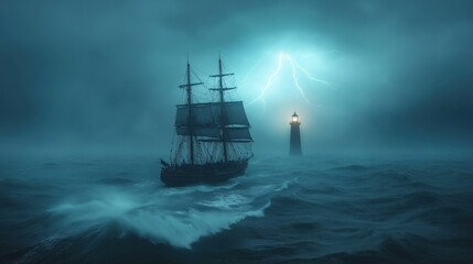 majestic tall ship braving intense stormy seas near lighthouse