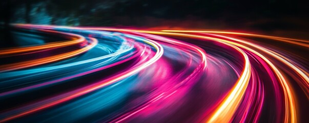 Poster - Colorful light trails on a highway at night, motion blur effect. Urban transportation and high-speed travel concept