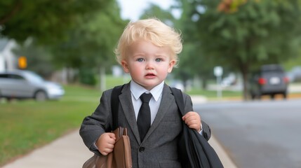 Determined toddler in business suit walking outside on a sunny day