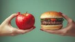 © hugy - One hand holding apple fruit, other holding hamburger. Healthy natural organic fresh vegetarian food vs unhealthy processed fast junk food meat