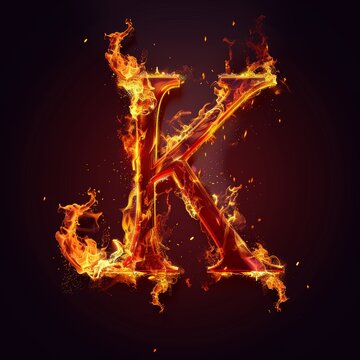 Letter K. Fire flames on black isolated background. Part of alphabet set.