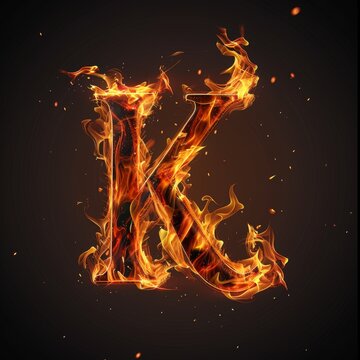 Letter K. Fire flames on black isolated background. Part of alphabet set.