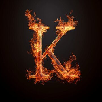 Letter K. Fire flames on black isolated background. Part of alphabet set.