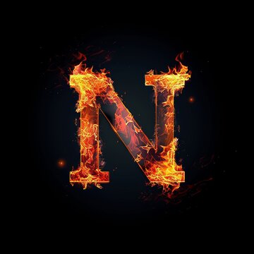 Letter N. Fire flames on black isolated background. Part of alphabet set.