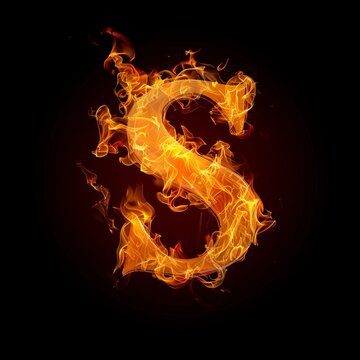 Letter S. Fire flames on black isolated background. Part of alphabet set.