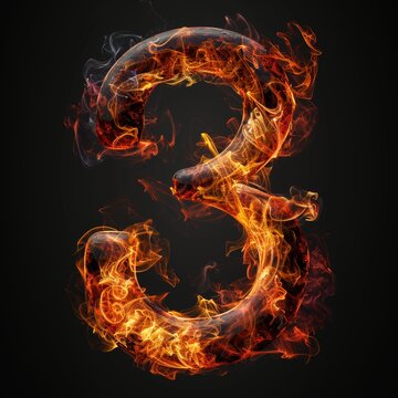 Number 3. Fire flames on black isolated background. Part of number set.
