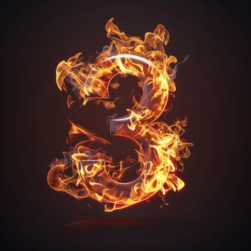 Number 3. Fire flames on black isolated background. Part of number set.